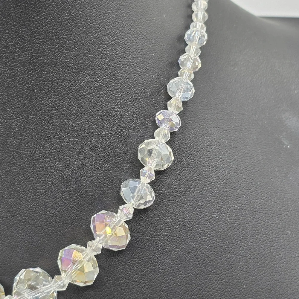 Vintage Style Aurora Borealis AB Faceted Glass Crystal Graduated‎ Bead Necklace